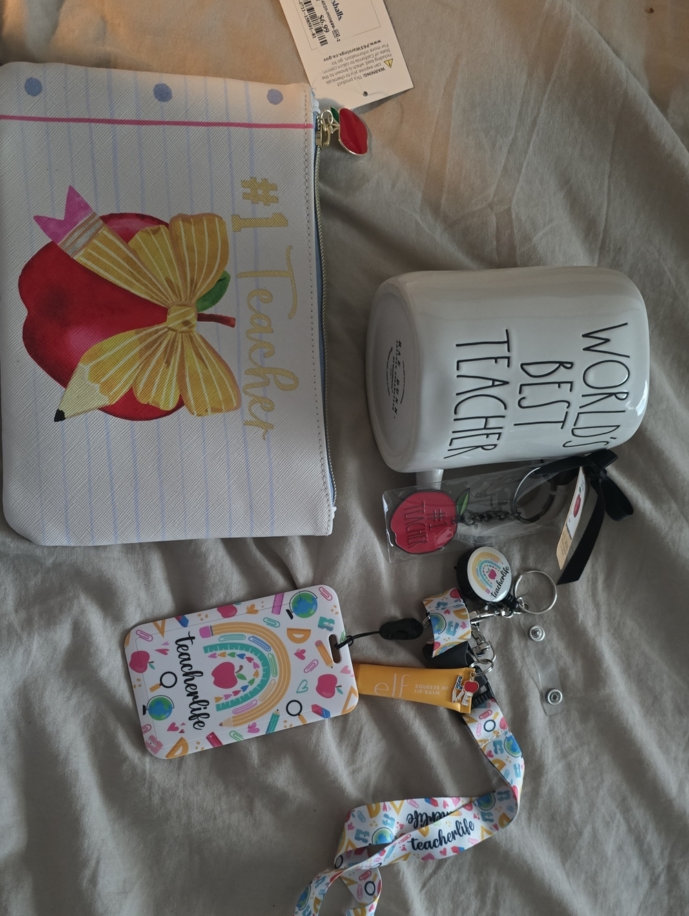 Rae Dunn White "World's Best Teacher" Ceramic Mug & Colorful Teacher Gift Set